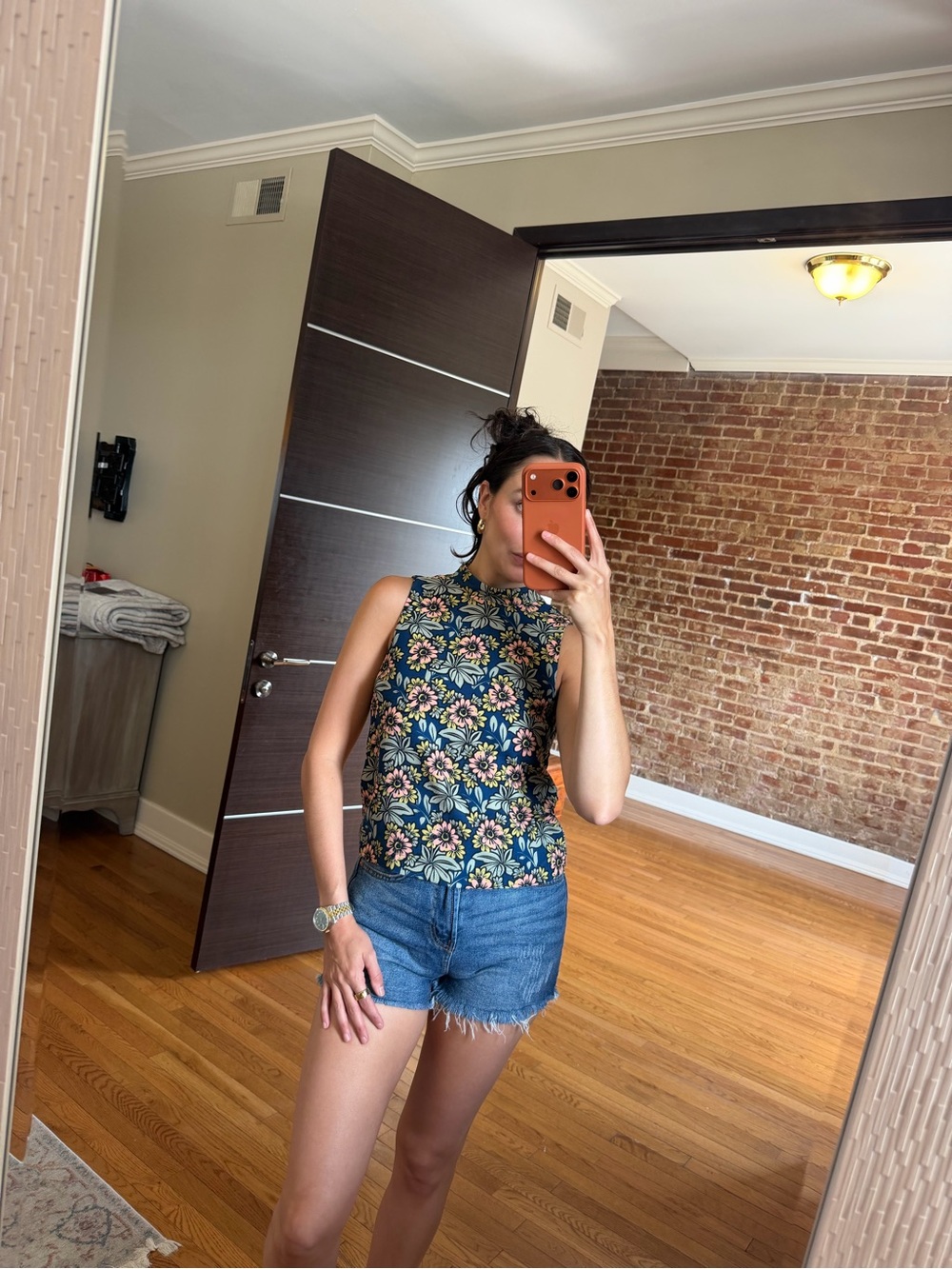 Topshop Floral Mock Neck Tank Top - Navy Multi